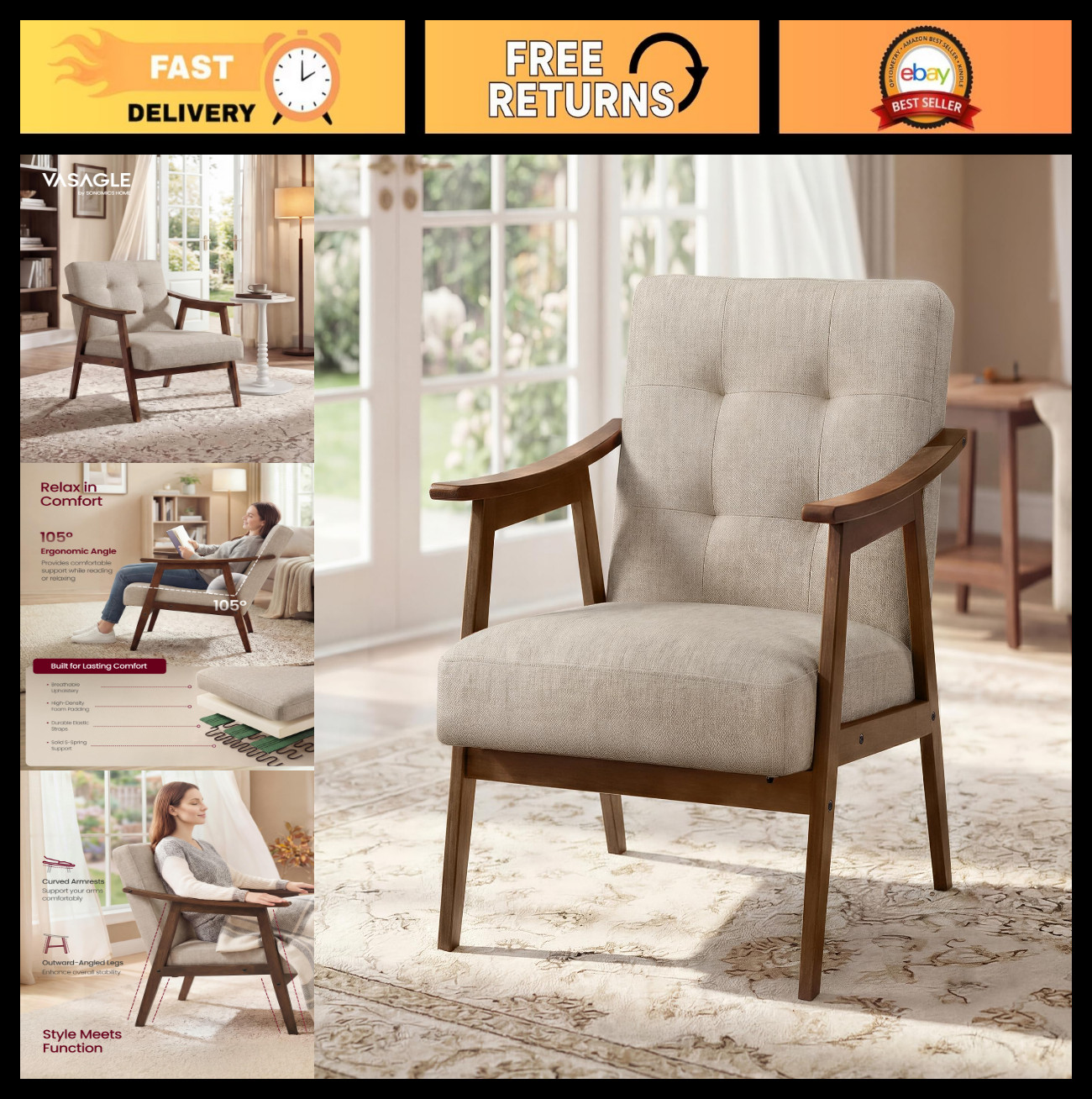 Mid Century Modern Accent Chair – Button Tufted Armchair with Thick Cushion, Bei