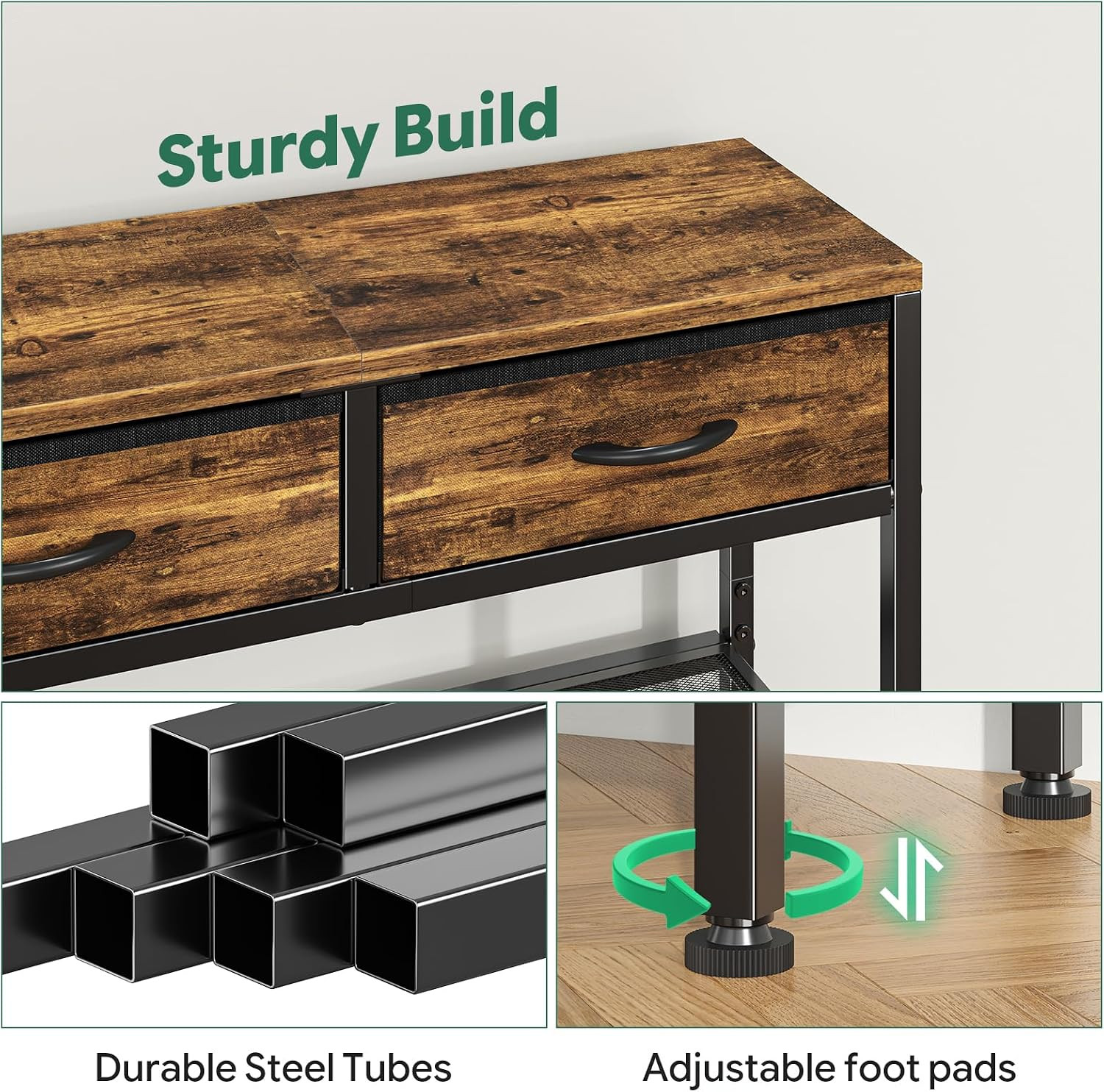 Narrow Console Table, Sofa Table with 2 Fabric Drawers | 3-Tier Entryway Table,