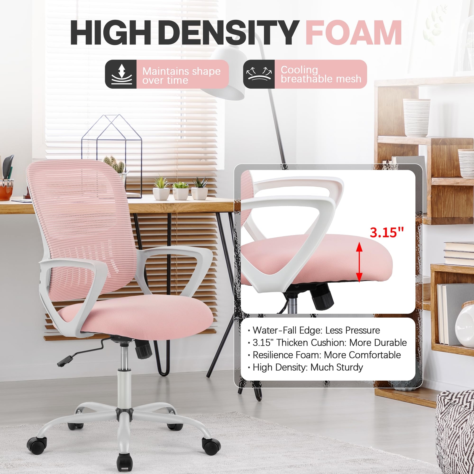 Office Chair Ergonomic Swivel Adjustable Computer Chair for Home Bedroom Pink