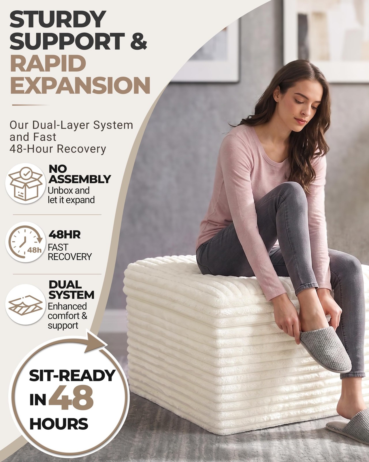 Fabulcozy 23.6in Pouf Ottoman, Corduroy 23.6″D x 23.6″W x 16.5″H, Beige