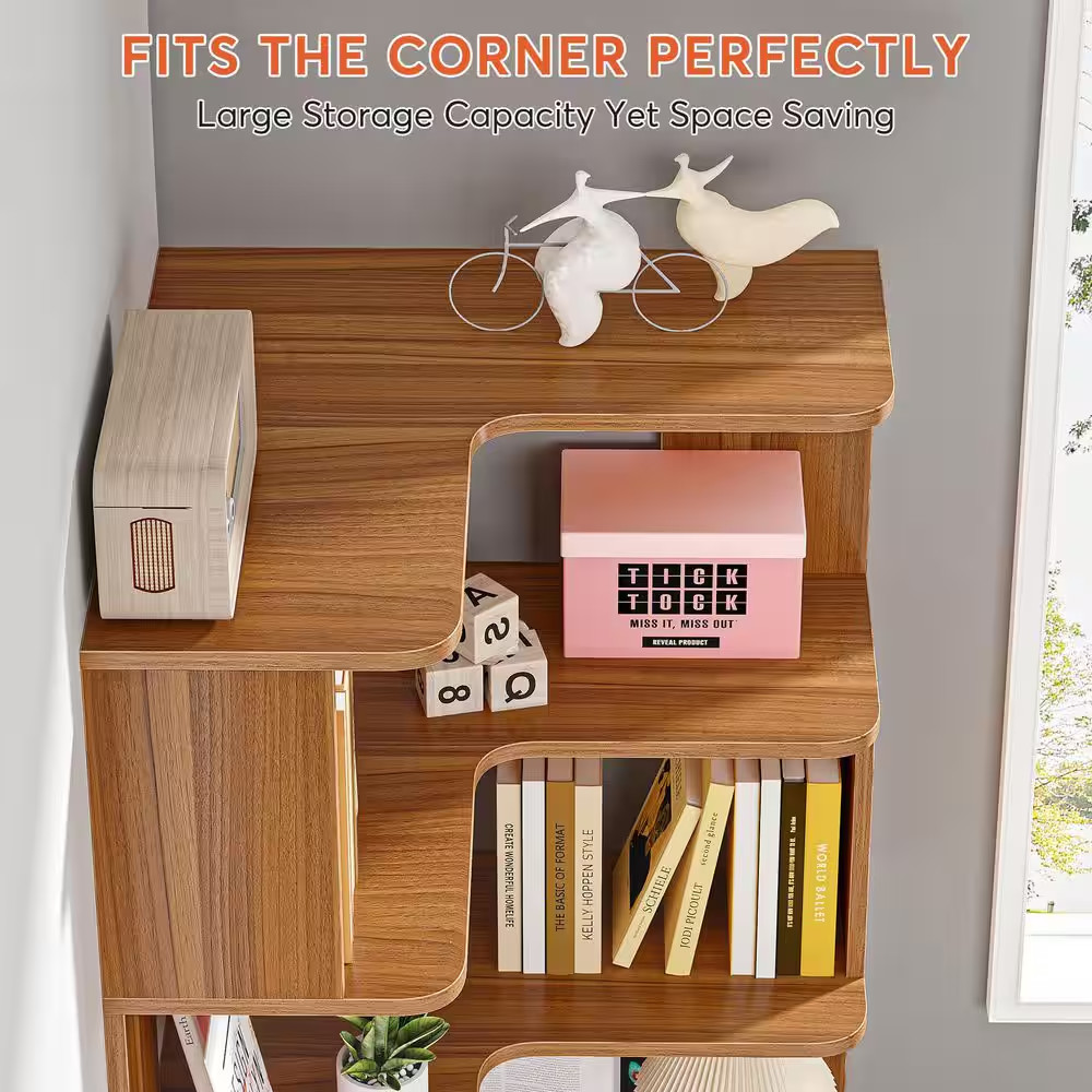 Eula 65 In. Tall Brown Wood 6-Shelf Etagere Standard Farmhouse Corner Bookcase H