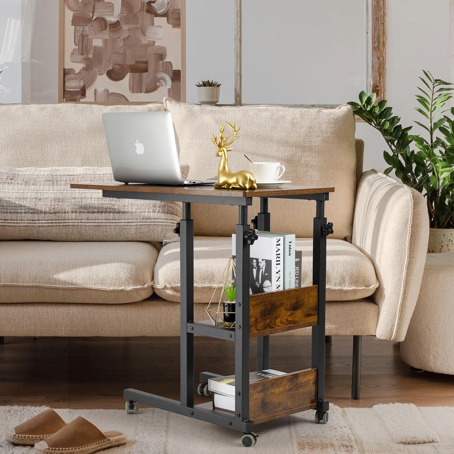 Hadulcet C Shaped Side Table Adjustable, Height Adjustable C Romantic Brown