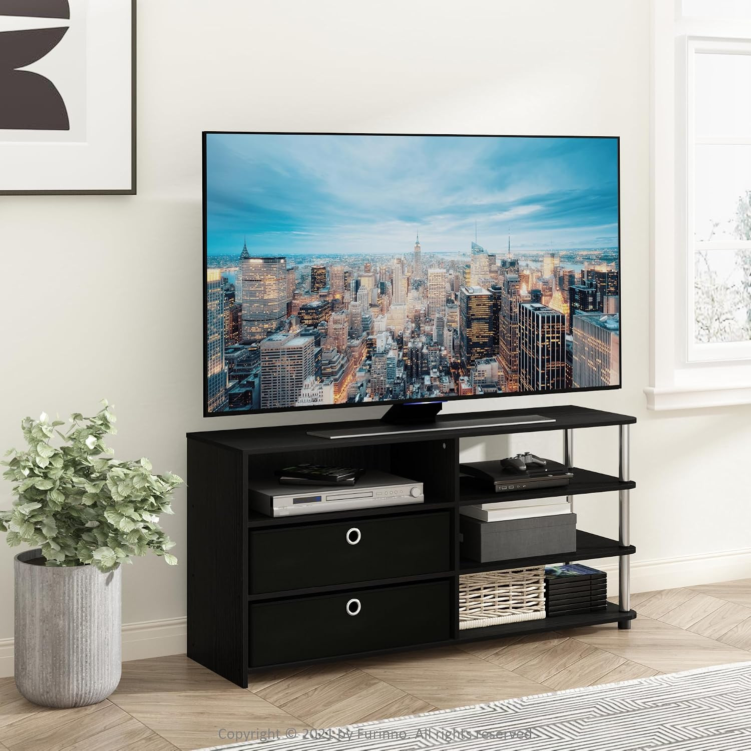 Jaya 4-Tier Black TV Stand for TVs up to 55″ with Storage & Cable Management