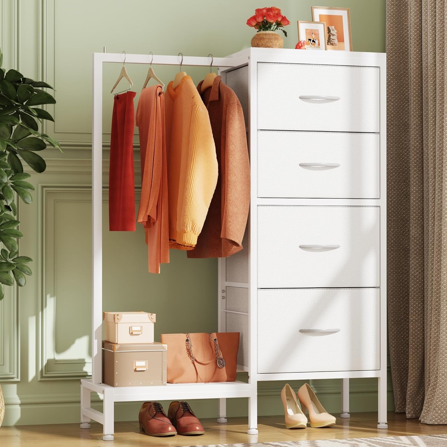 44in Tall Dresser with Hanging Rack 4 Drawers Storage Tower White