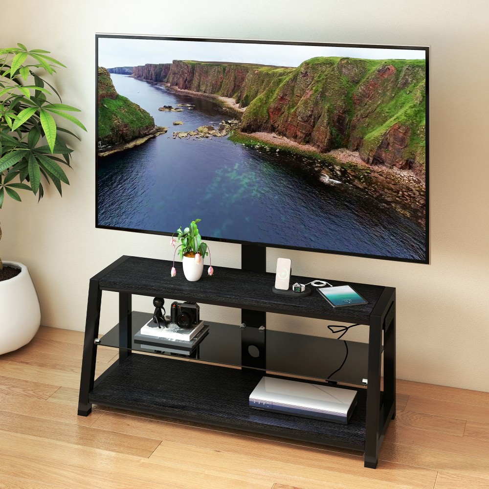 Wooden Storage TV Stand Black Glass Height Adjustable Universal Swivel Mount