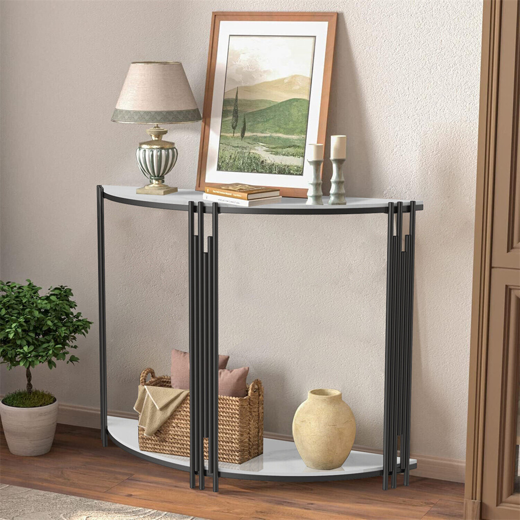 Classic White Marble Entryway Table Sintered Stone Top w Black Metal Leg Hallway