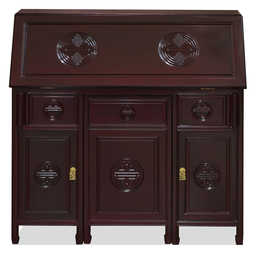 US SELLER – Dark Cherry Rosewood Longevity Design Asian Secretaire with Chair