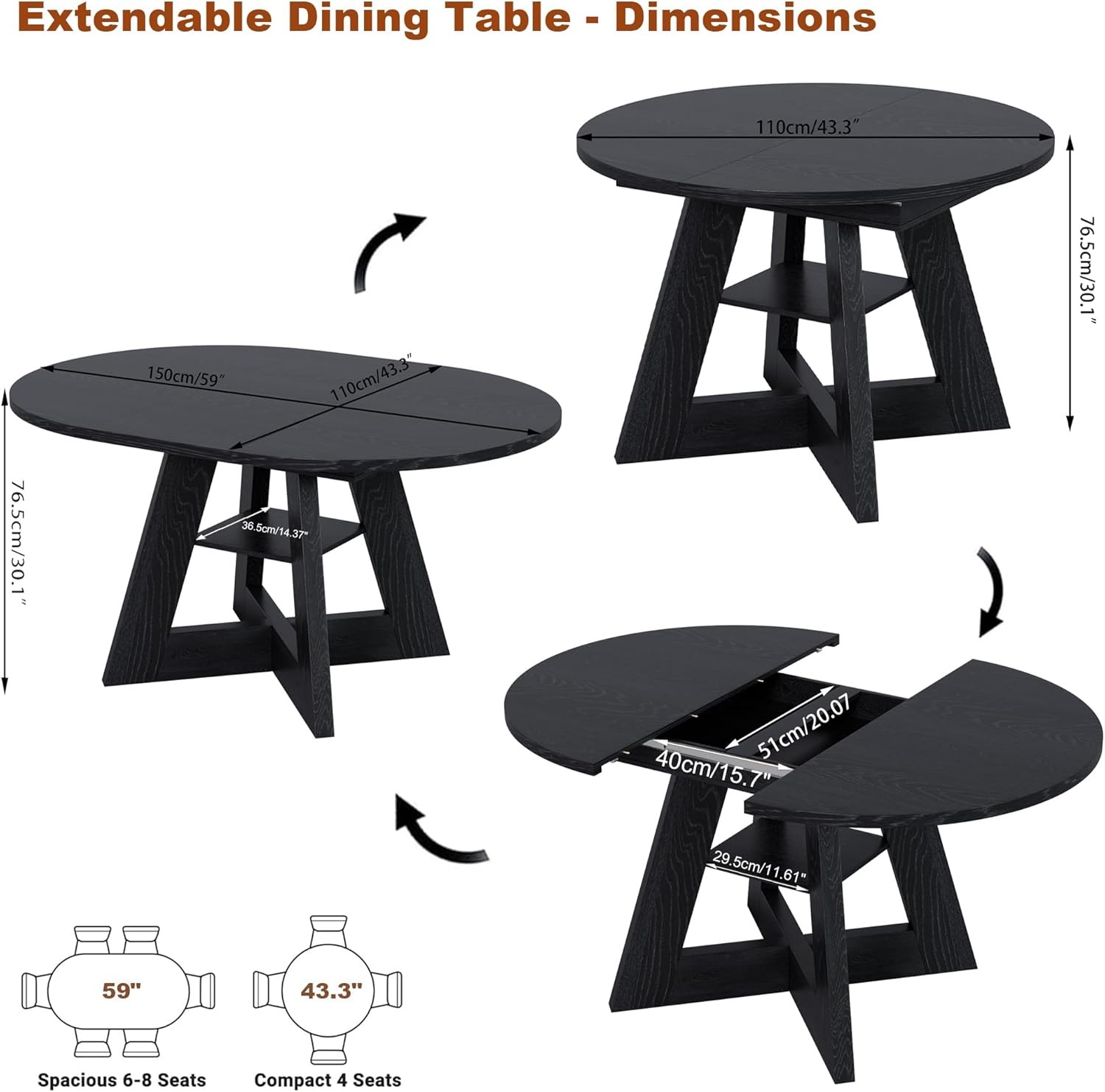 43.3in-59in Extendable Dining Table for 4-6, Round Kitchen Dining Room Table