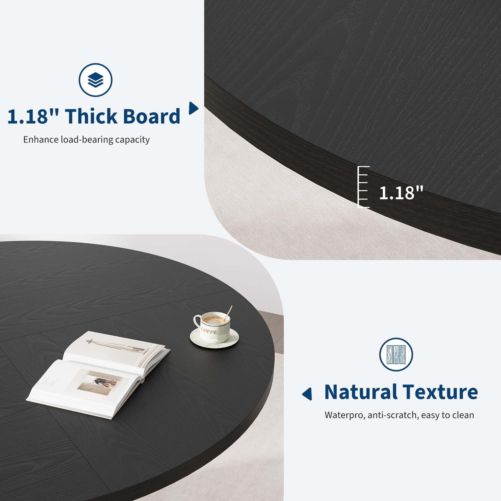 47″ Round Dining Table for 4-6 Black Industrial Kitchen Table w/ Waveform Base
