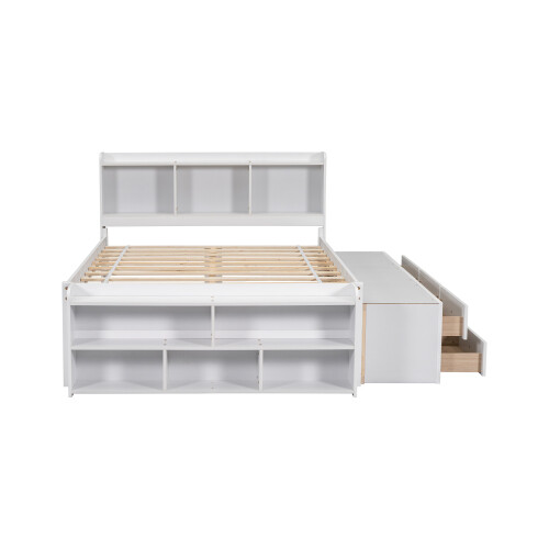 Solid Wood Platform Bed with Storage Drawers & Bookcase Headboard Full Size Beds