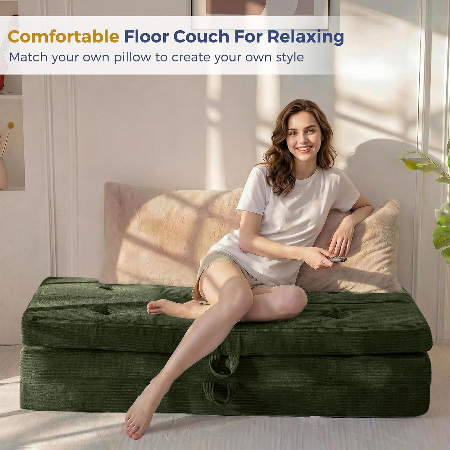 Foldable Sofa Couch Bed, 4 Inch Tufted Folding Couch, Portable Floor Couch with