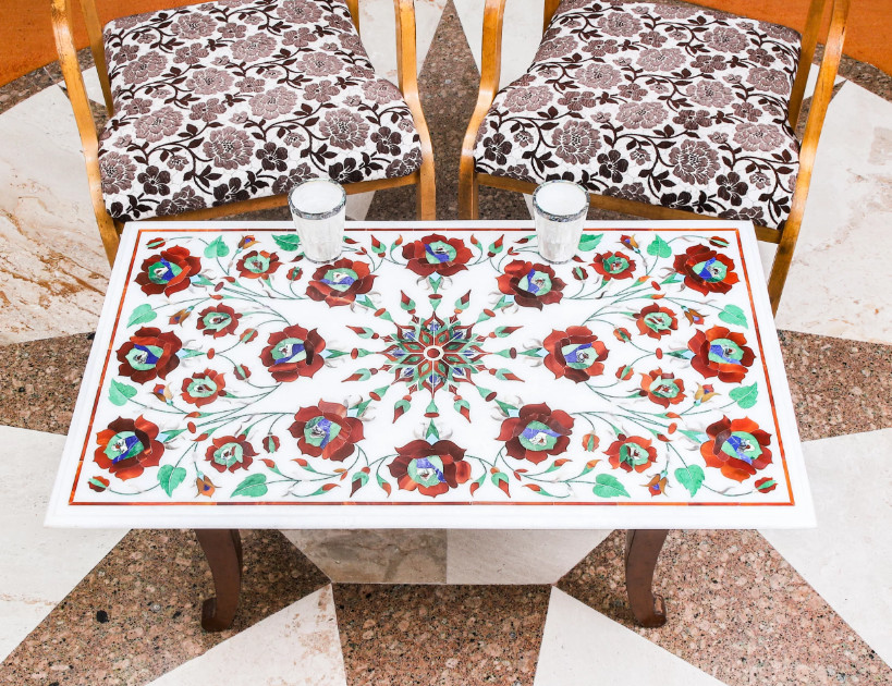 Marble Table Coffee Inlay Top White Dining Decor white Mosaic dining Home Stone