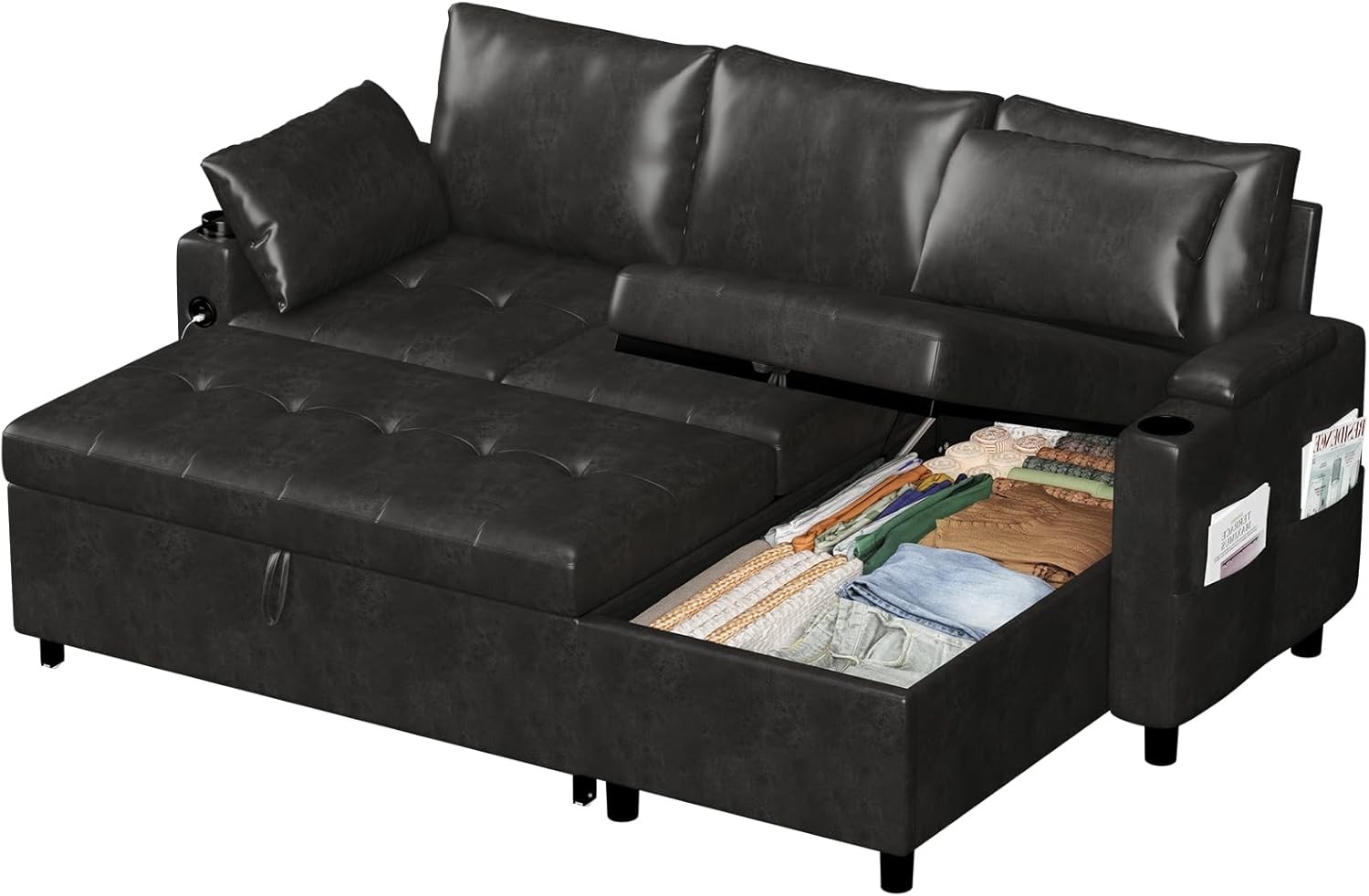 3 in 1 Pull Out Sofa Bed Sleeper Sofa with Storage Chair Sectional L Shape Couch