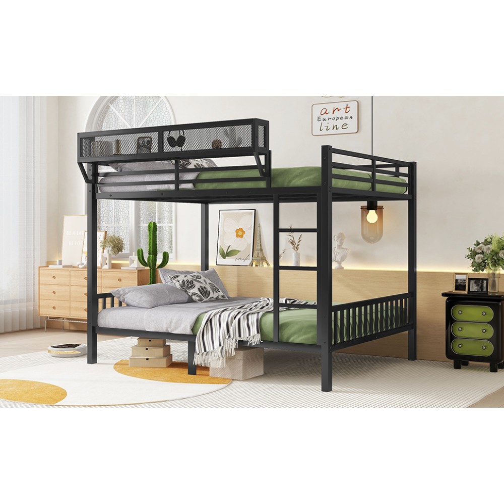 Queen Over Queen Metal Bunk Bed with Ladder and Storage Shelf for Adults Black