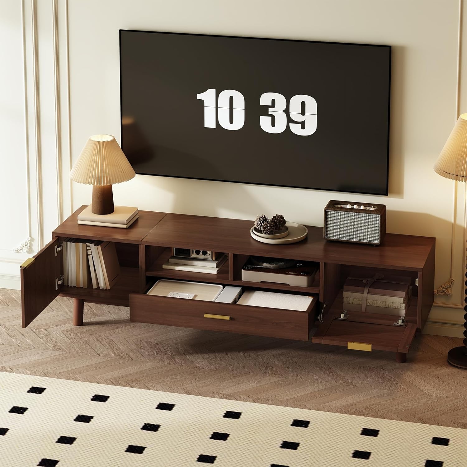 Rattan TV Stand for 75″ TVs, Entertainment Center with Drawer & 2 Cabinets
