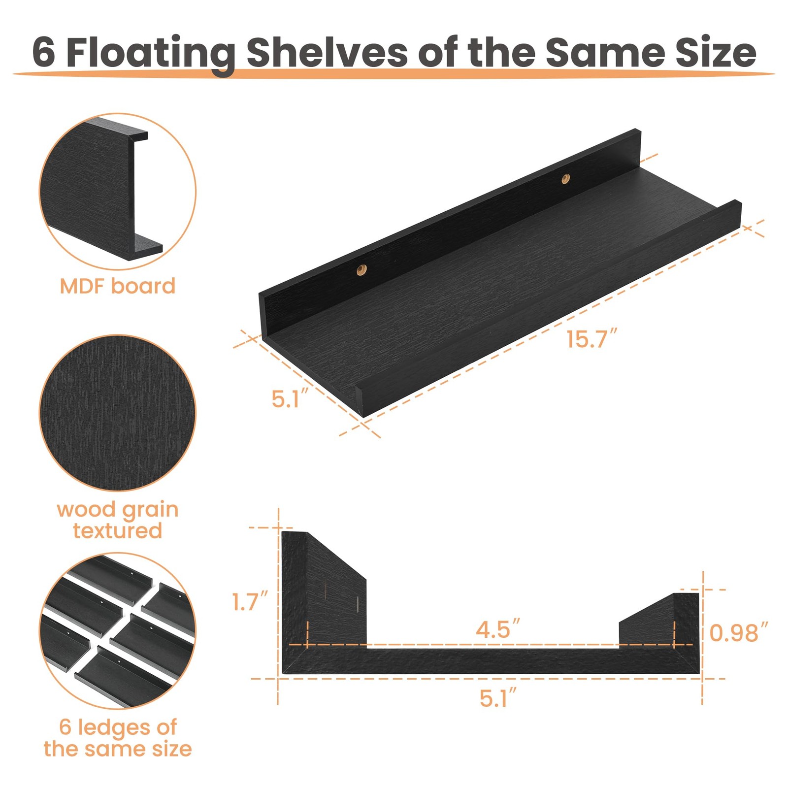 Wall Mounted Wood Floating Shelves Set of 6, Space Saving Display Rack