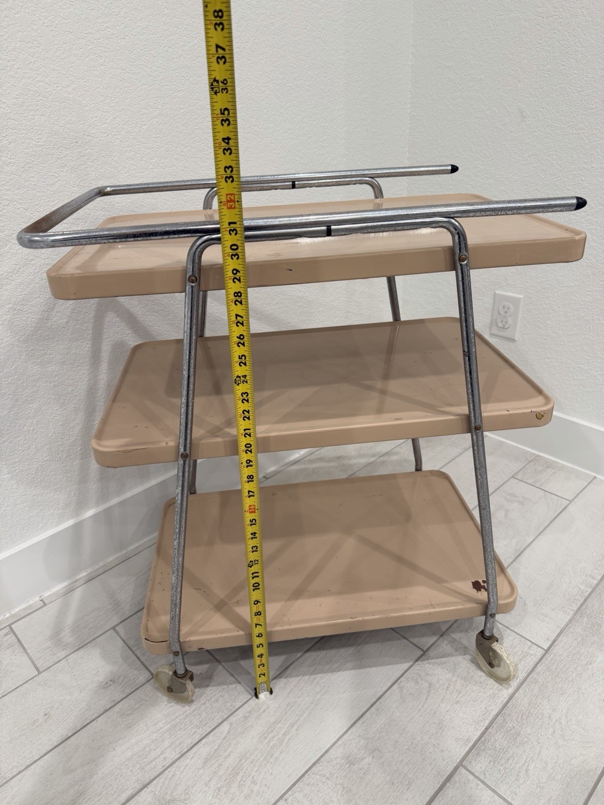 Vintage Cosco 3 Tier Cart Metal Rolling Bar Serving MCM Atomic Retro Beige Tan