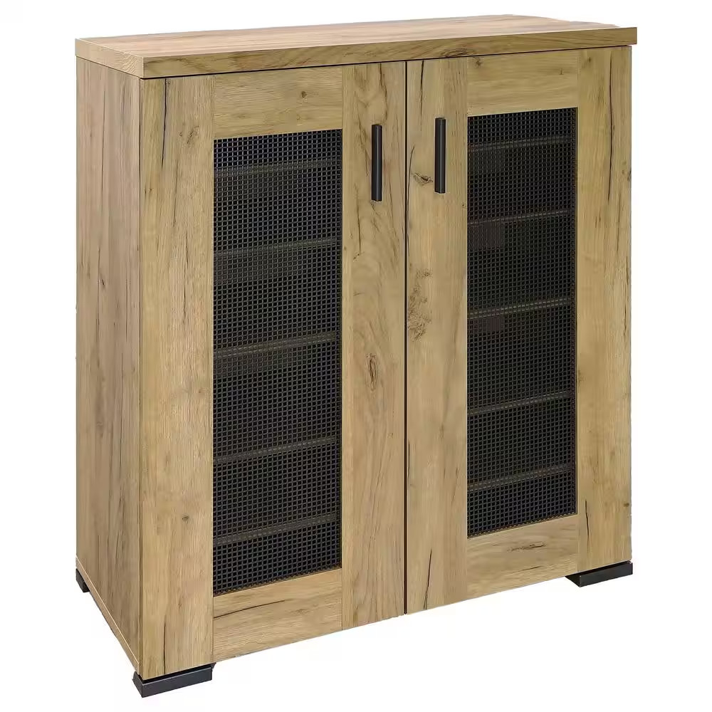 Golden Oak and Gunmetal Cabinet with 2-Mesh Doors