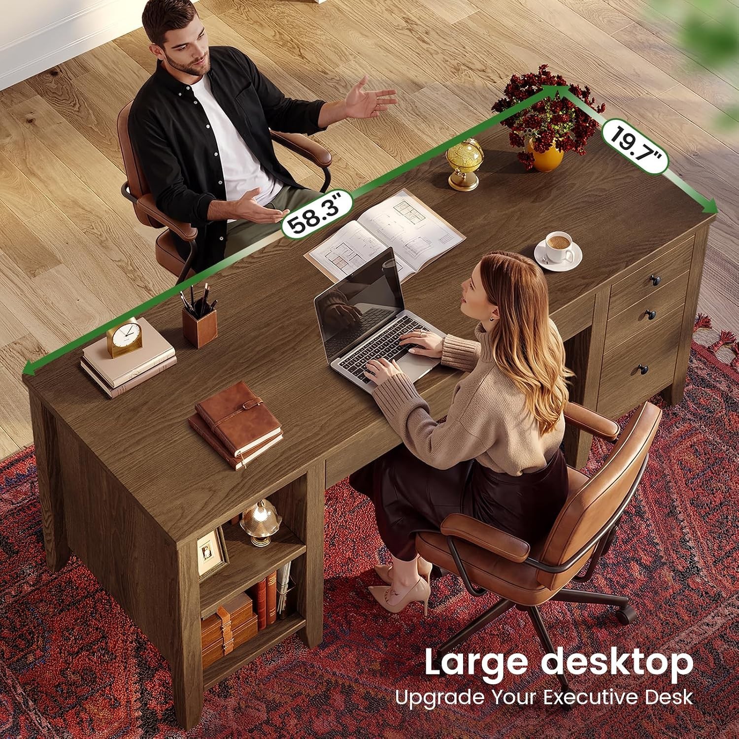 58.3″ Solid Pine Wood Computer Desk w/4 Drawers &Storage Shelves for Home Office