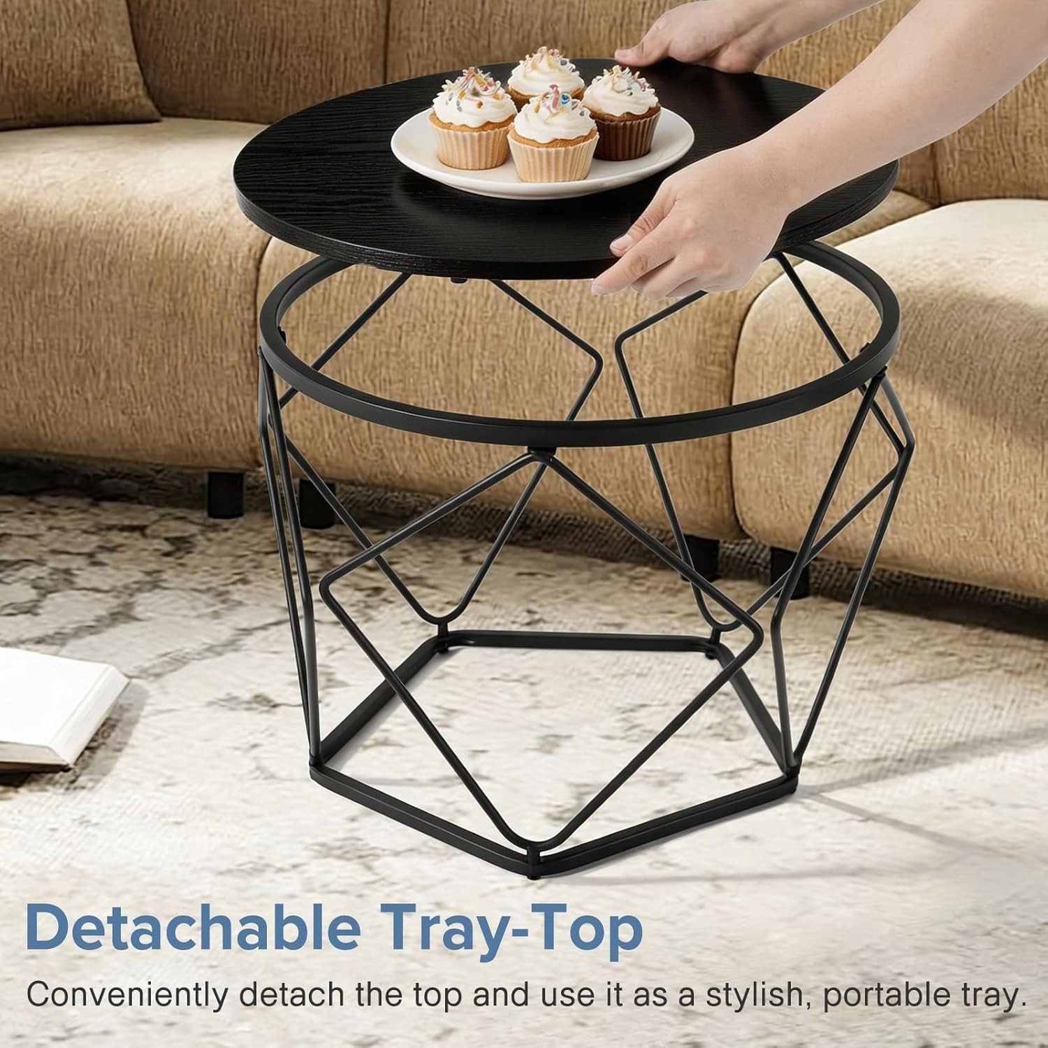 Set of 2 Modern Round Coffee Tables,Geometric Design,Cafe Livingroom End Tables