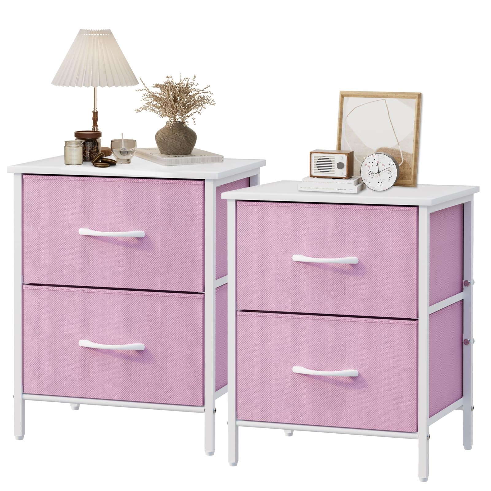 Nightstand Set of 2, Dresser with 2 Drawers, Steel Frame Bedside Furniture, W…