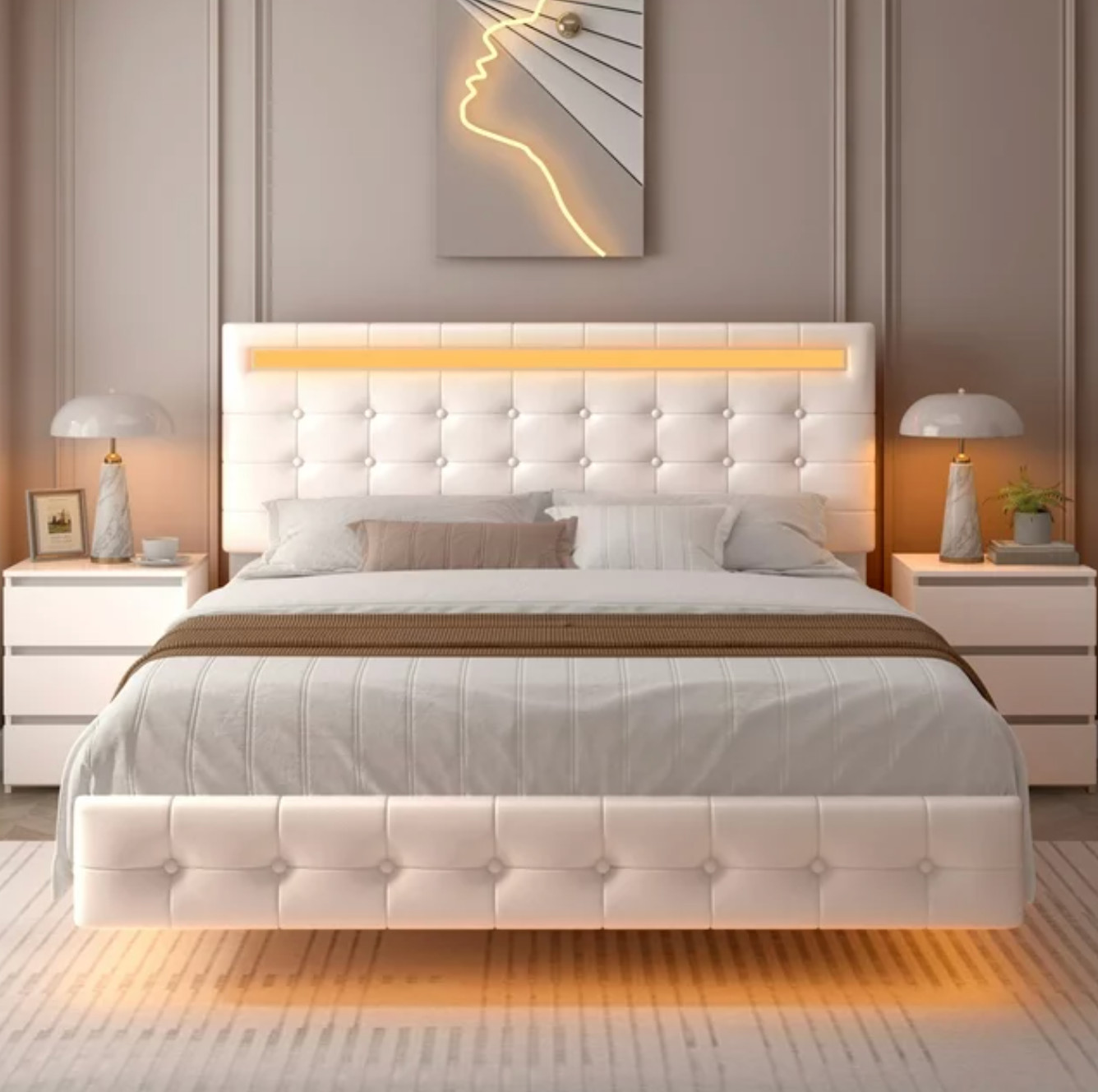 Platform Bed Frame Full Size Floating Base Adjustable Headboard for Kids Teens