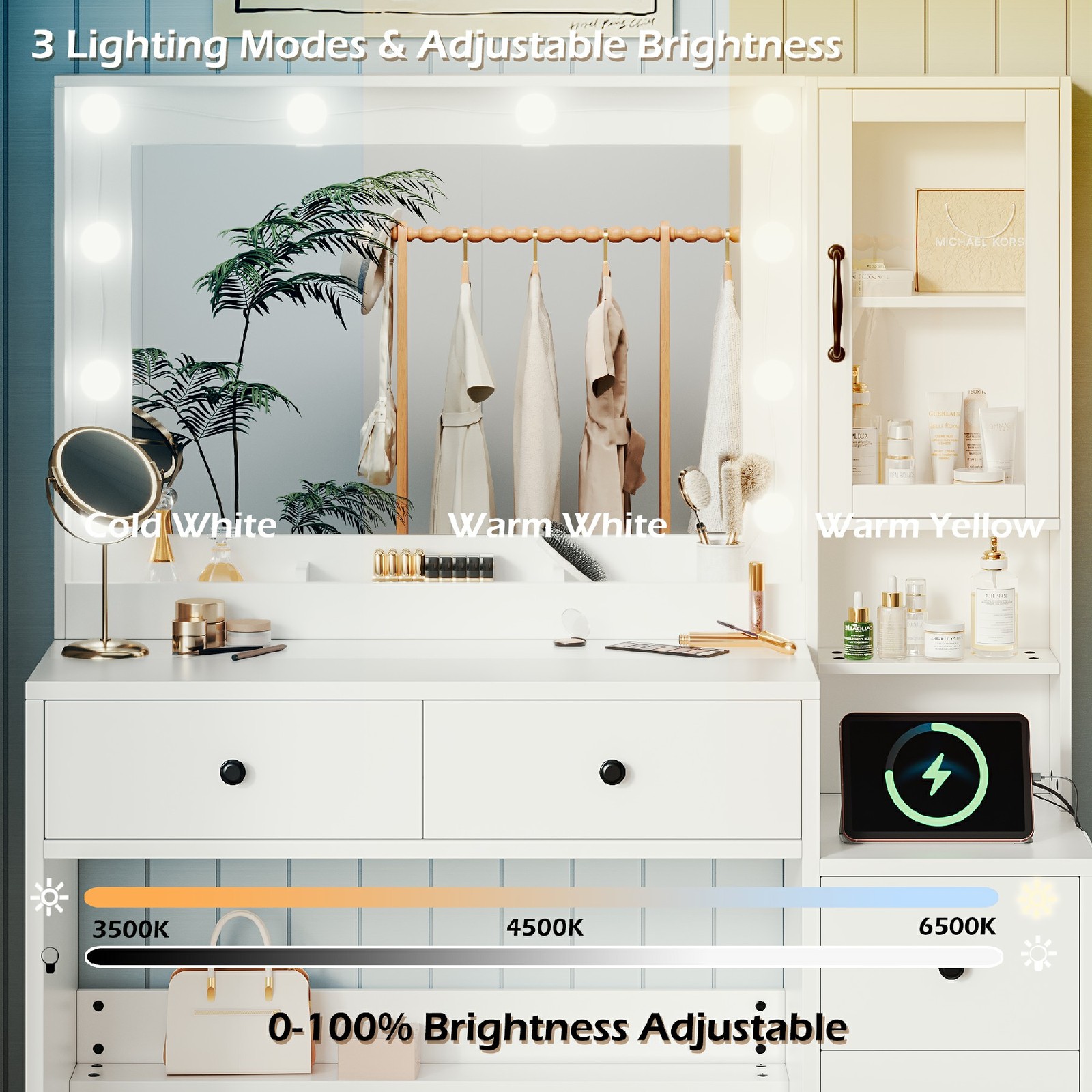 OXIRTH Vanity Desk with Mirror and 10 LED Bulbs, Makeup Table with Power Outlets