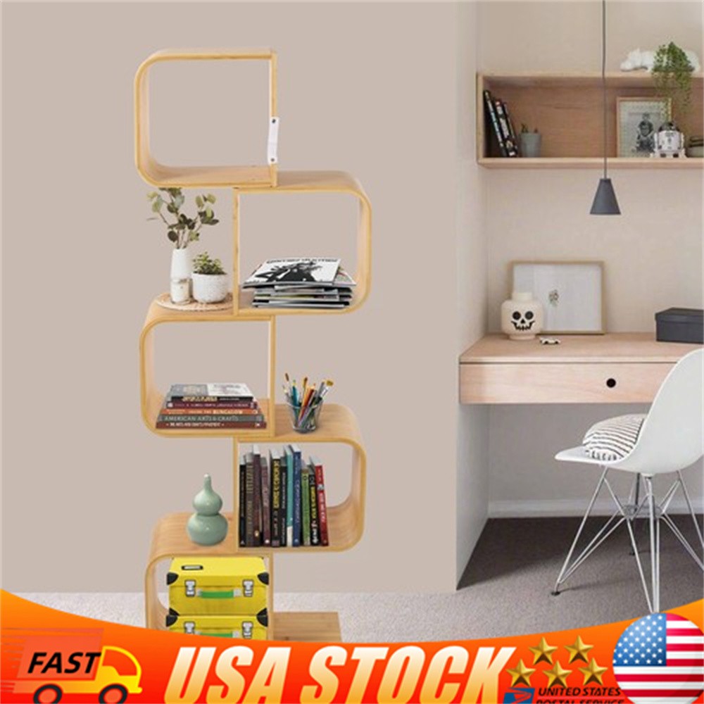 5-Tier Bookshelf Geometric S-Shaped Bookcase Room Divider Storage Display Shelf
