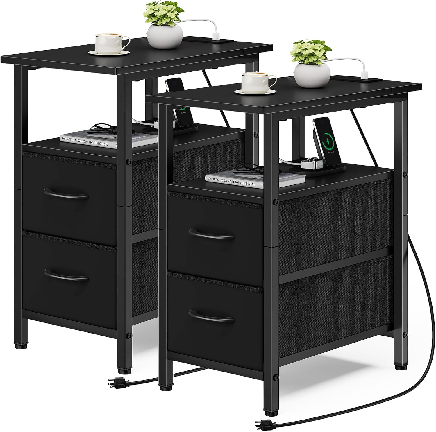 End Table with Charging Station Set of 2, Narrow Side Table, 23.8” Tall Nightst