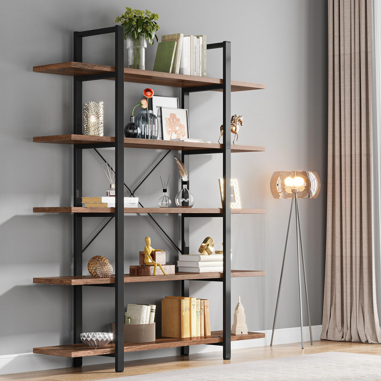 5 Tier Bookshelf Vintage Industrial Bookcase 72in H 12in W 47in L Storage Rack