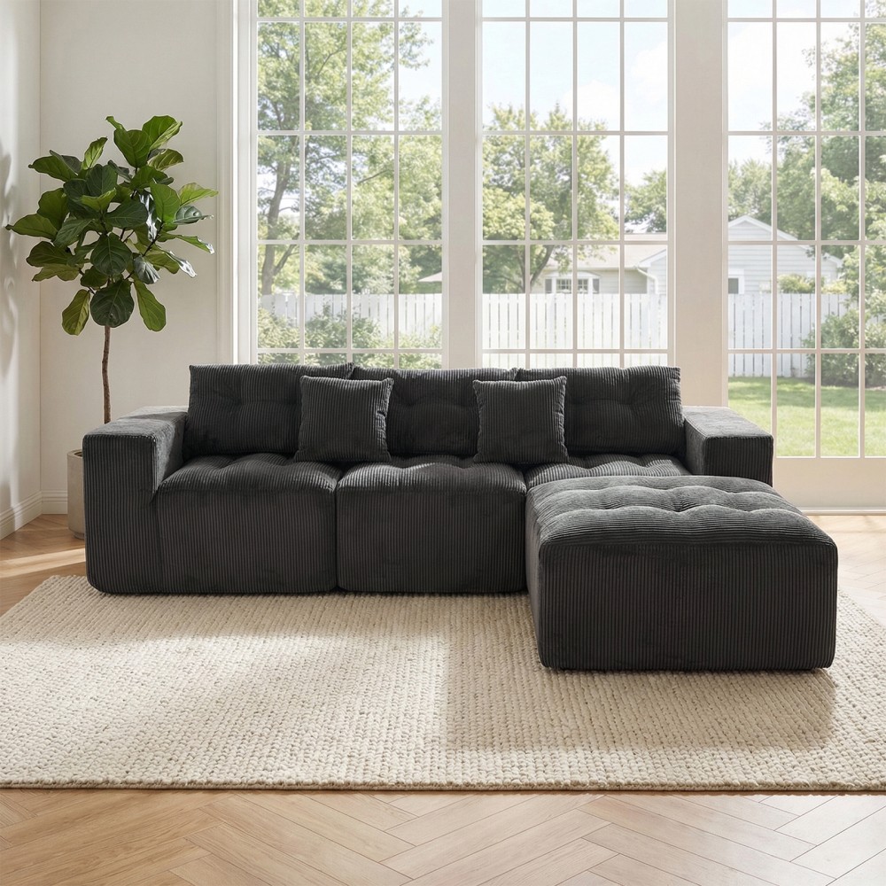 Chenille Sofa Set L-Shaped Sectional w/ Chaise, Grey, 80″L x 35″W x 35″H