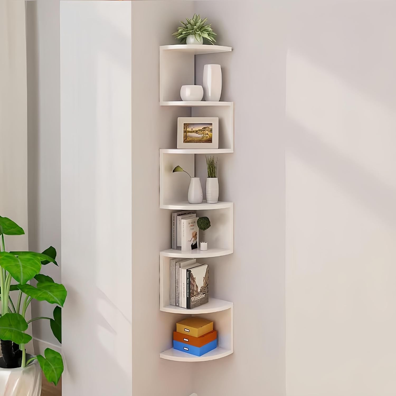 5-Tier Corner Shelf Wall Mount Floating Bookshelf Zigzag Storage Rack