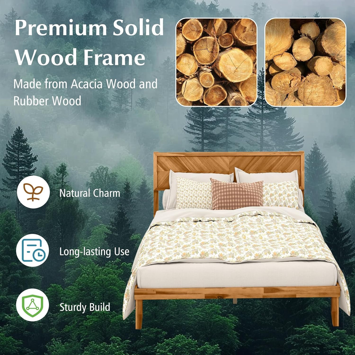 Queen Solid Wood Bed Frame with Stylish Headboard – Durable & Elegant