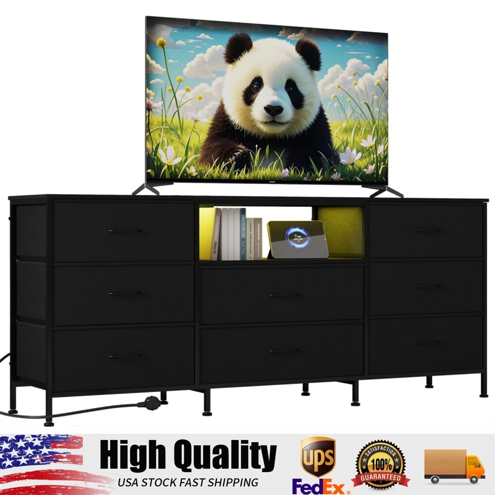 TV Stand Dresser for 55″-75″ TV, Entertainment Center with LED Light & 8 Drawers