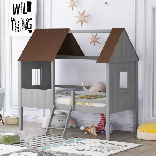 Twin Size Low Loft Bed Wood House Bed Frames w/ 2 Windows for Kids Teens Adults