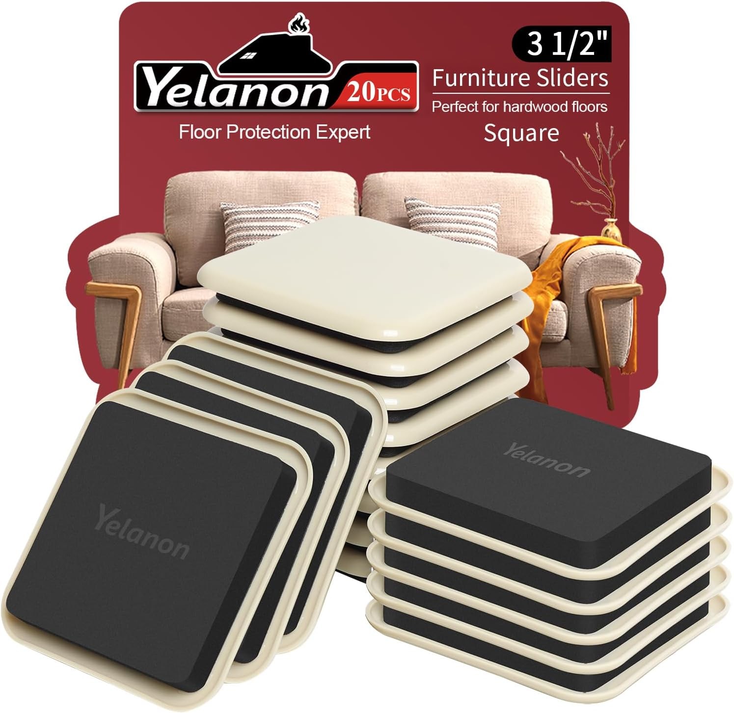 Furniture Sliders, 20 pcs-3 1/2” Square Beige Furniture Sliders for Carpet