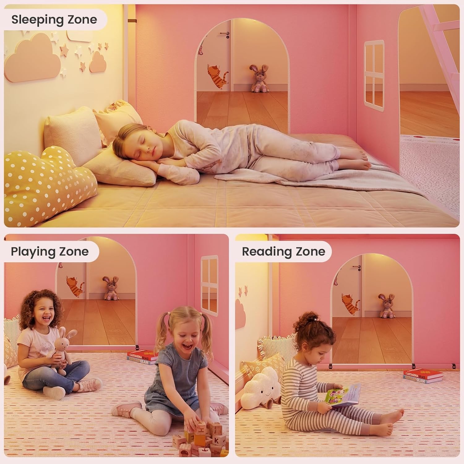 Bunk Bed Twin Over Twin with Play Curtain, House Bunk Bed with LED Lights, Metal