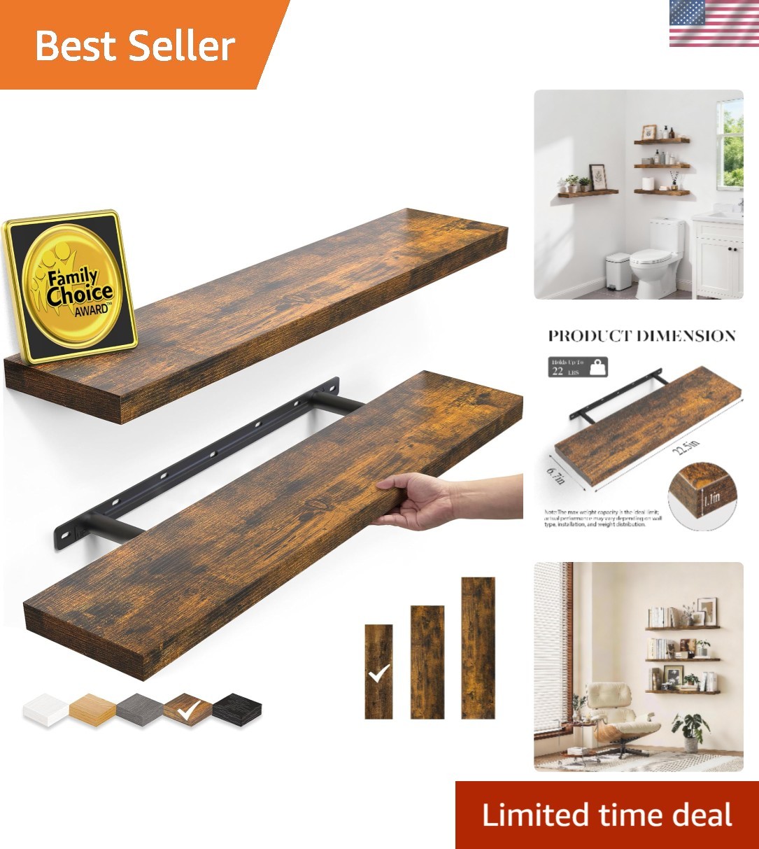 Rustic 2-Pack Floating Shelves – 22.5 Inches for Bathroom, Kitchen, Living Room