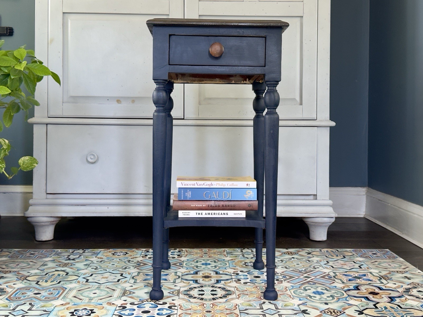 vintage navy blue primitive wood nightstand with 1 drawer and long legs
