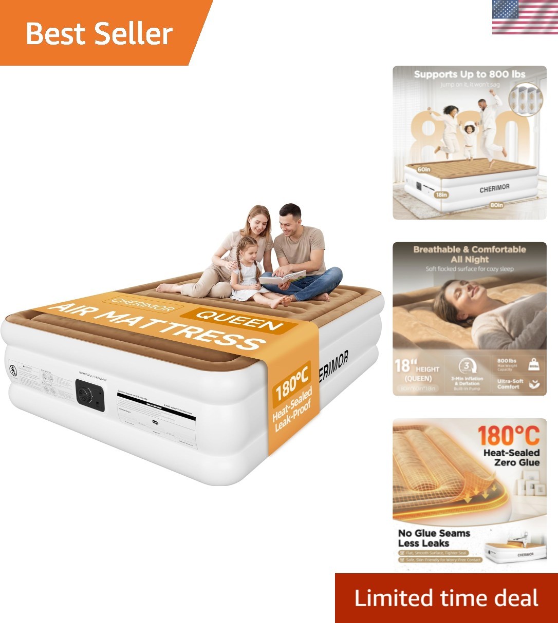 Queen Air Mattress with Built in Pump, 180°C Heat-Sealed Leak-Proof, 18″ Rais…