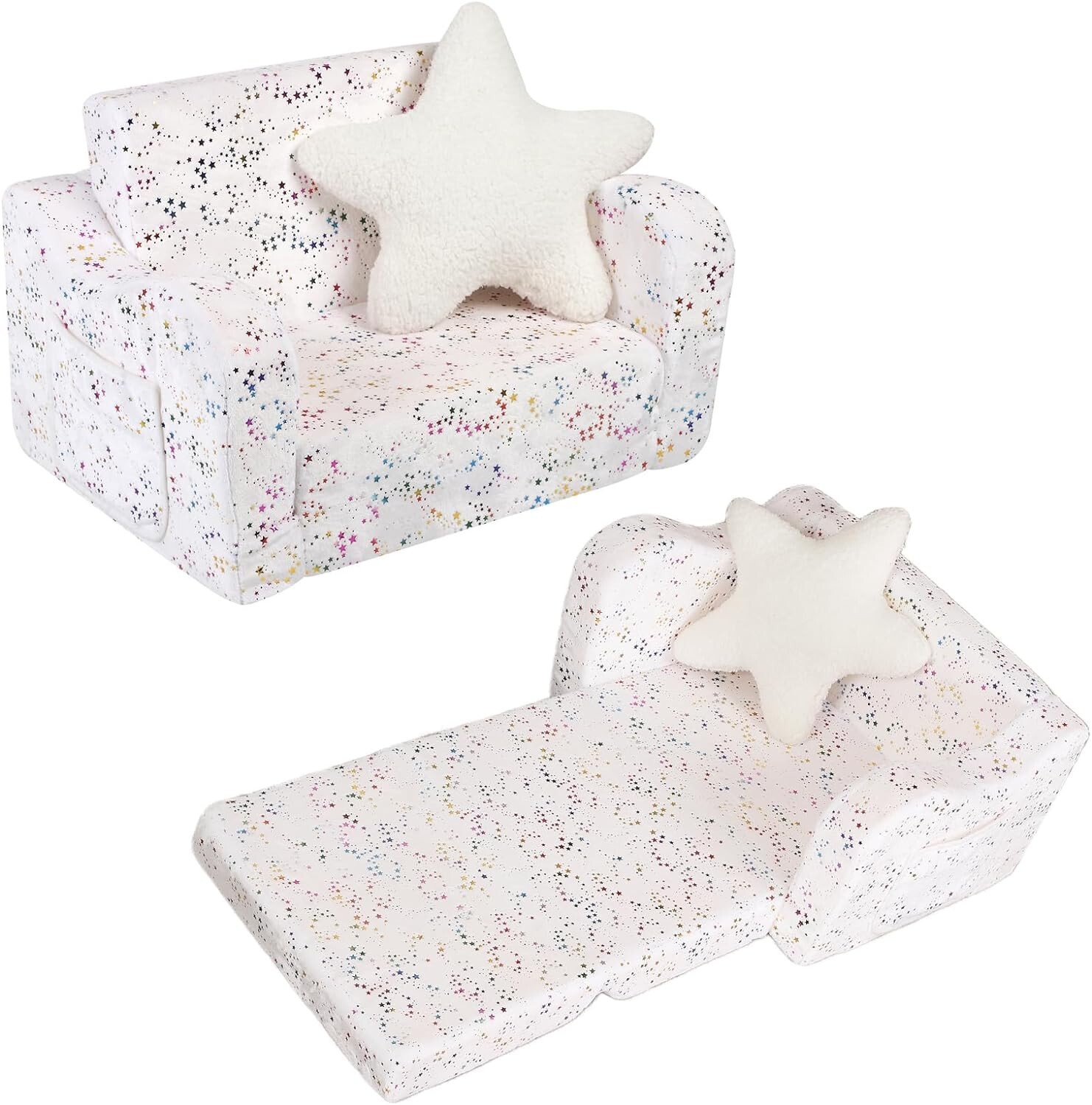 Shiny Star Toddler Couch, 2-In-1 Toddler Soft Couch Fold Out with Star Pillow, C