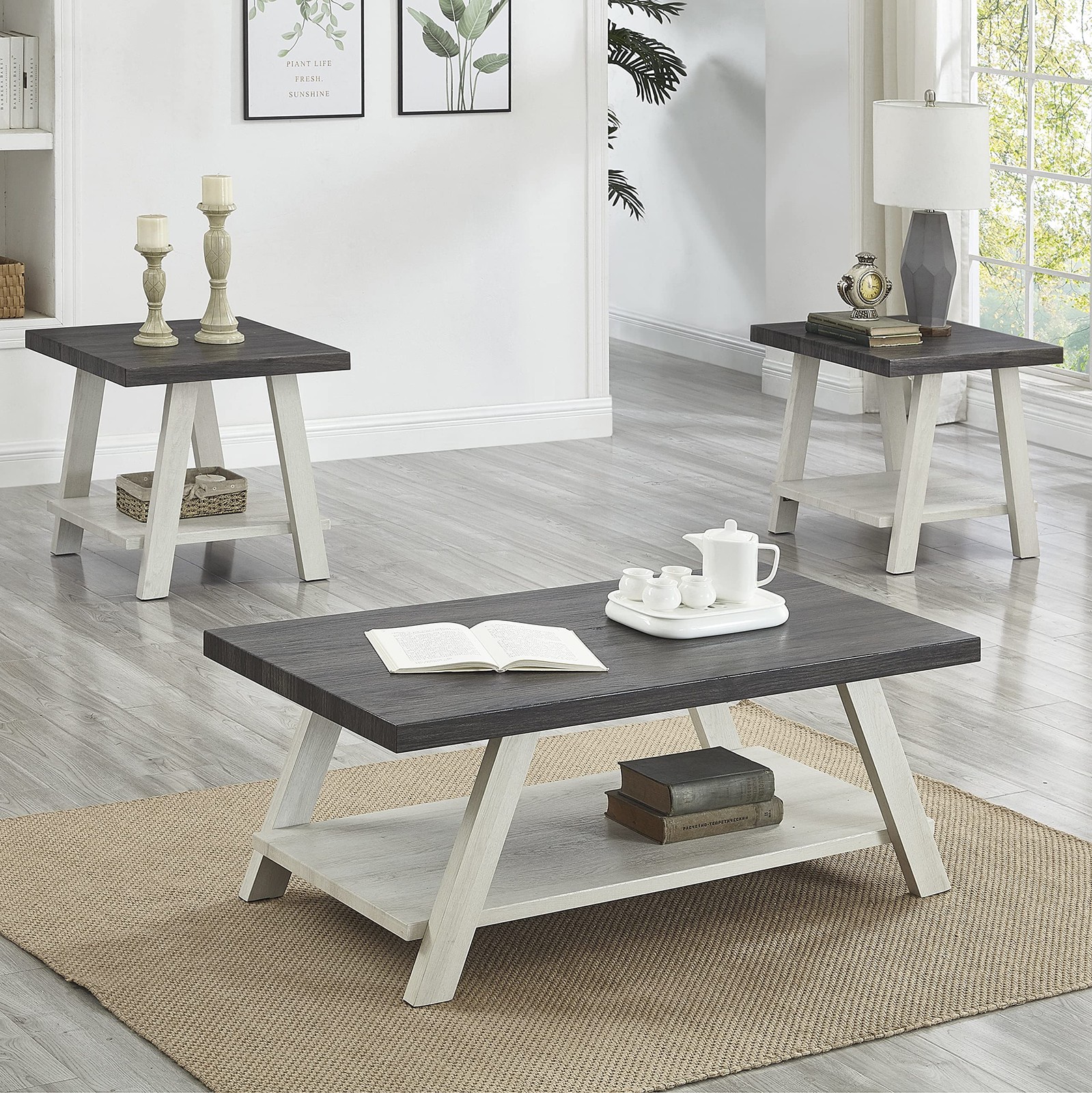 Athens Contemporary 3-Piece Wood Shelf Coffee Table Set, Weathered Charcoal a…