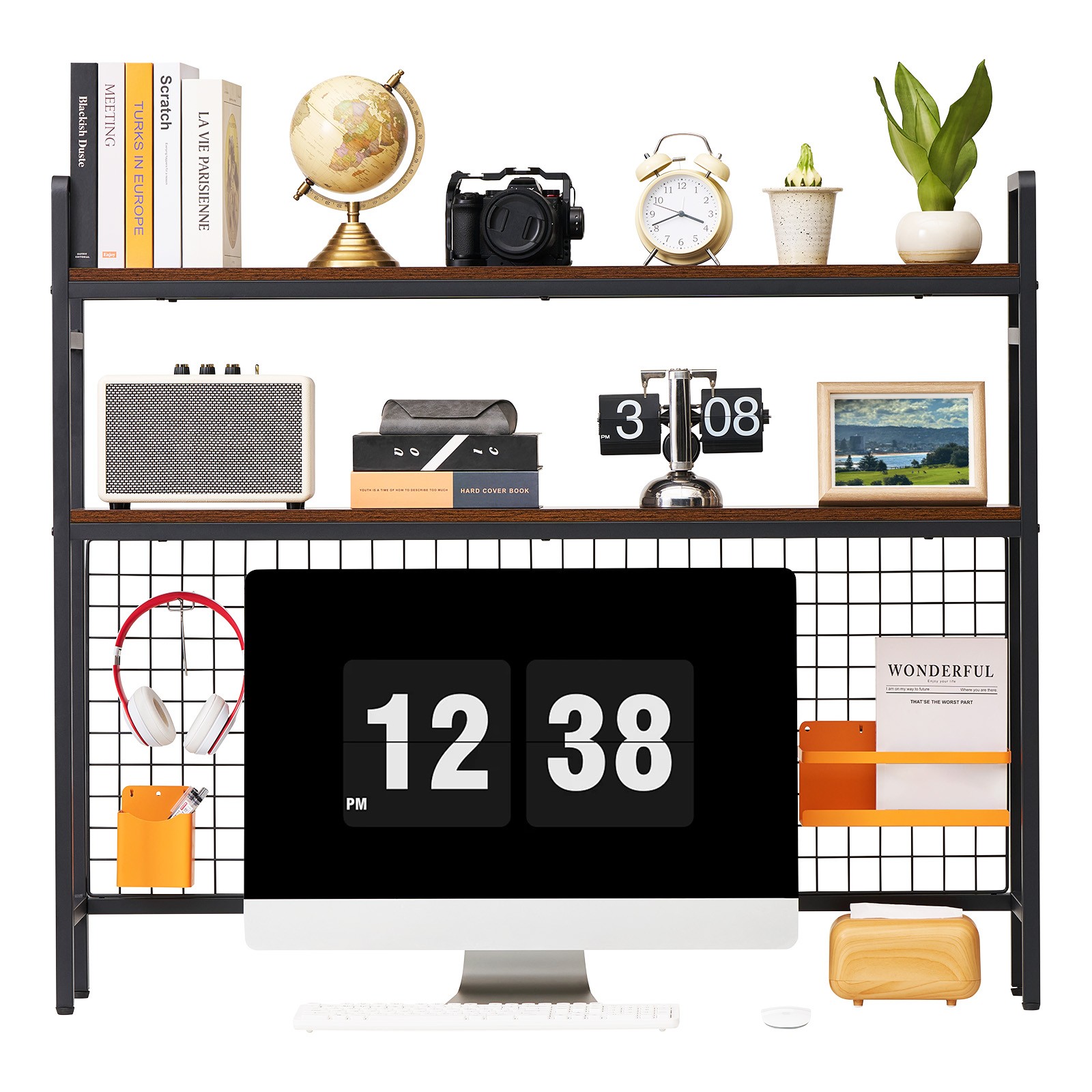 Uimoso 3-Tier Desktop Bookshelf with Grid for Countertop Storage, Black