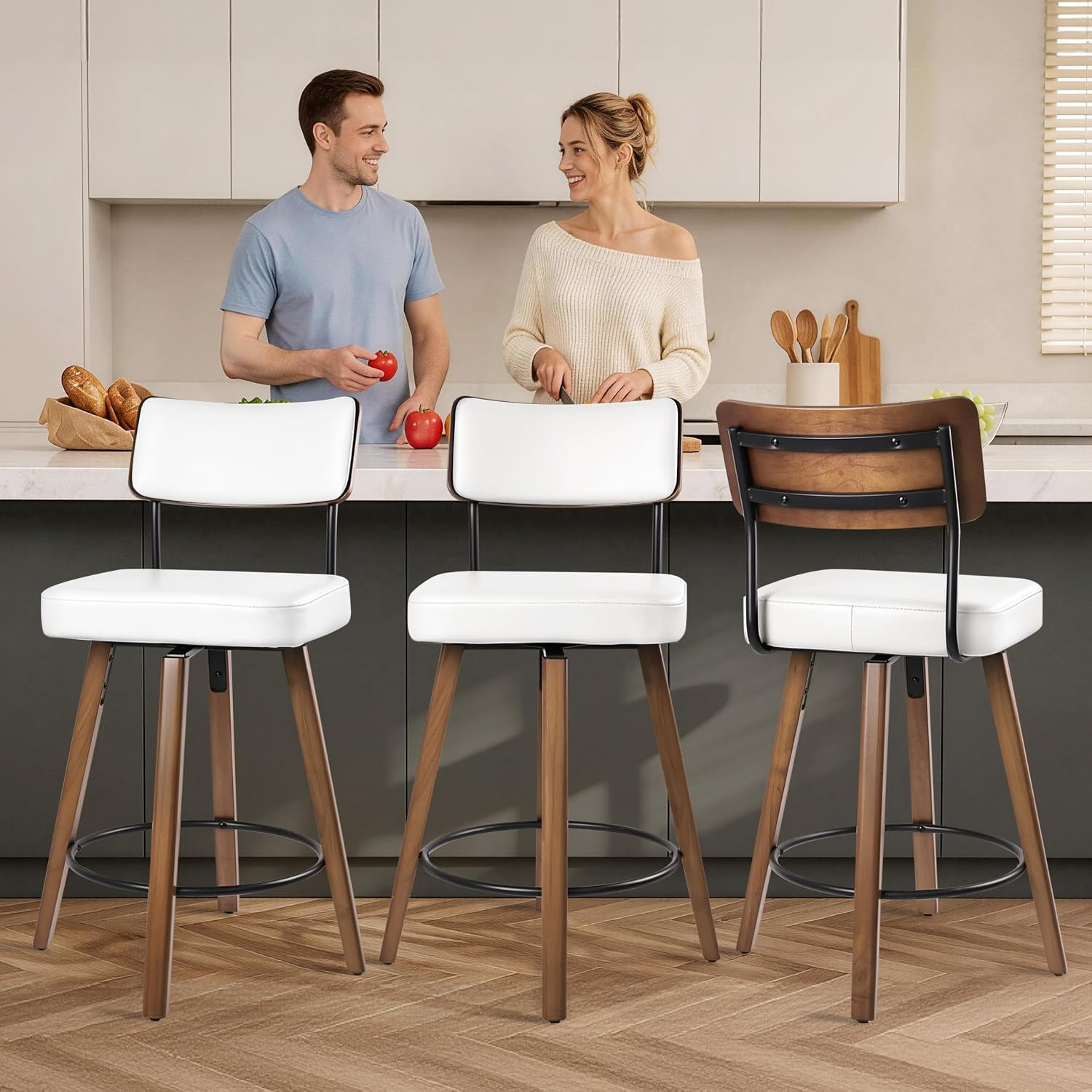 Set of 2 Swivel Bar Stools with Solid Wood Legs and Faux Leather Upholstery