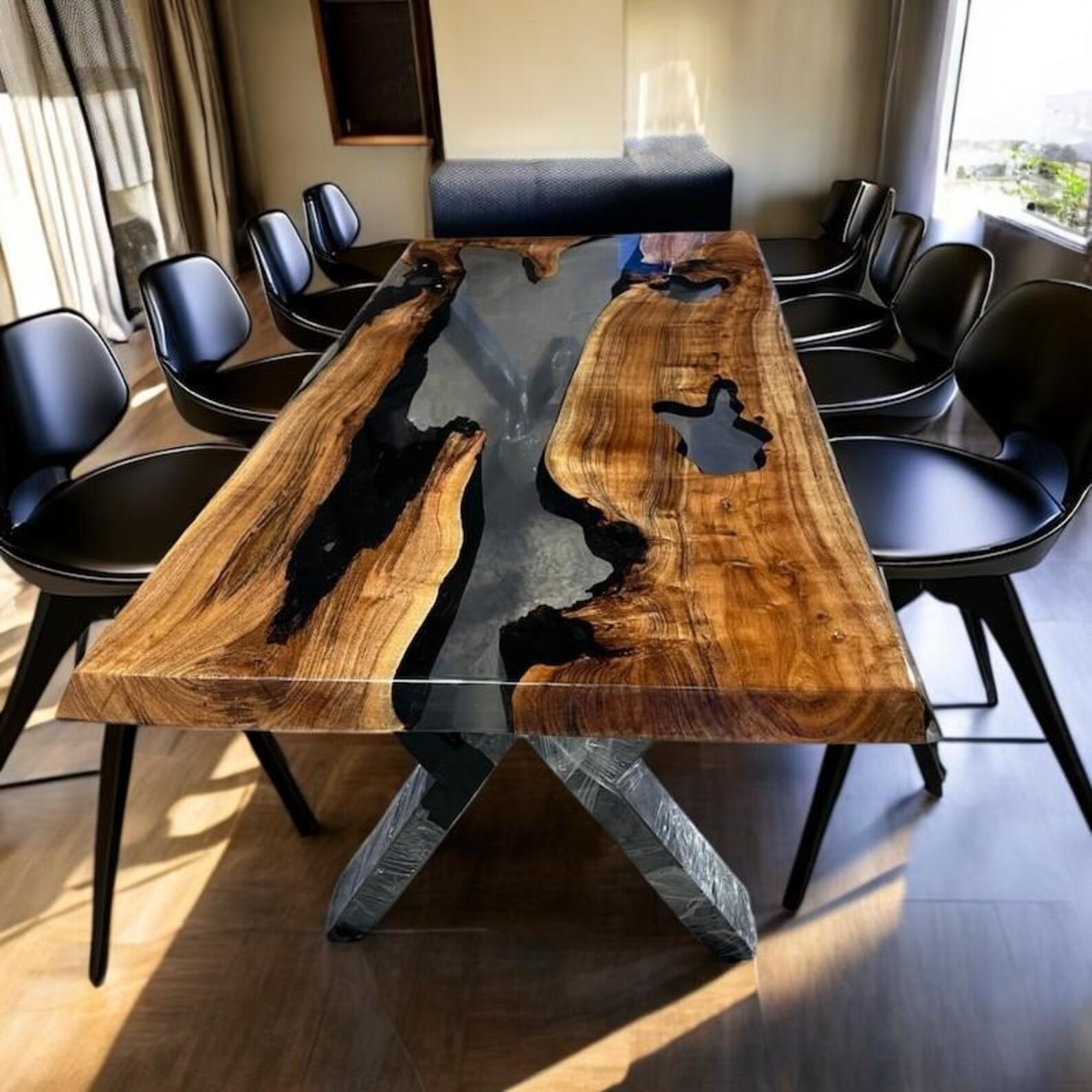 Black Epoxy Resin Table Top Live Edge Wood Dining Office Hotel
