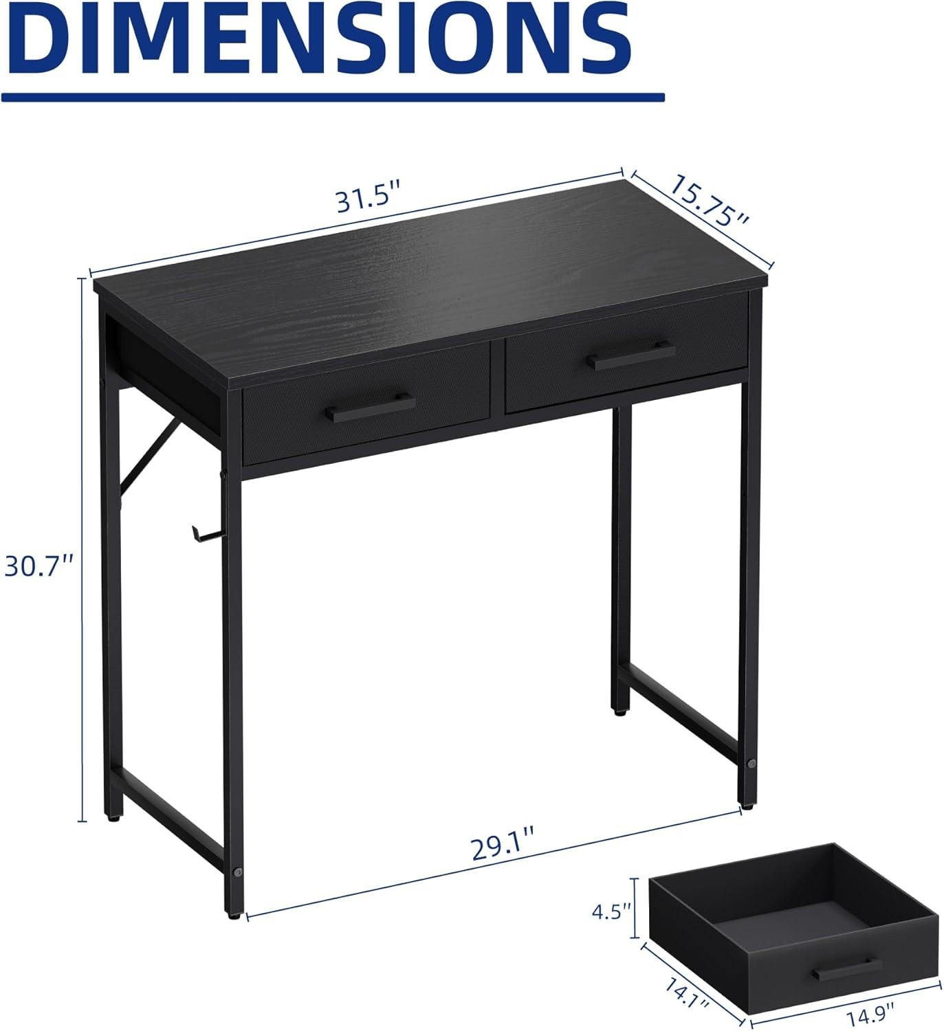 Small Computer Desk with 2 Drawers for Bedroom Study Home Office Black