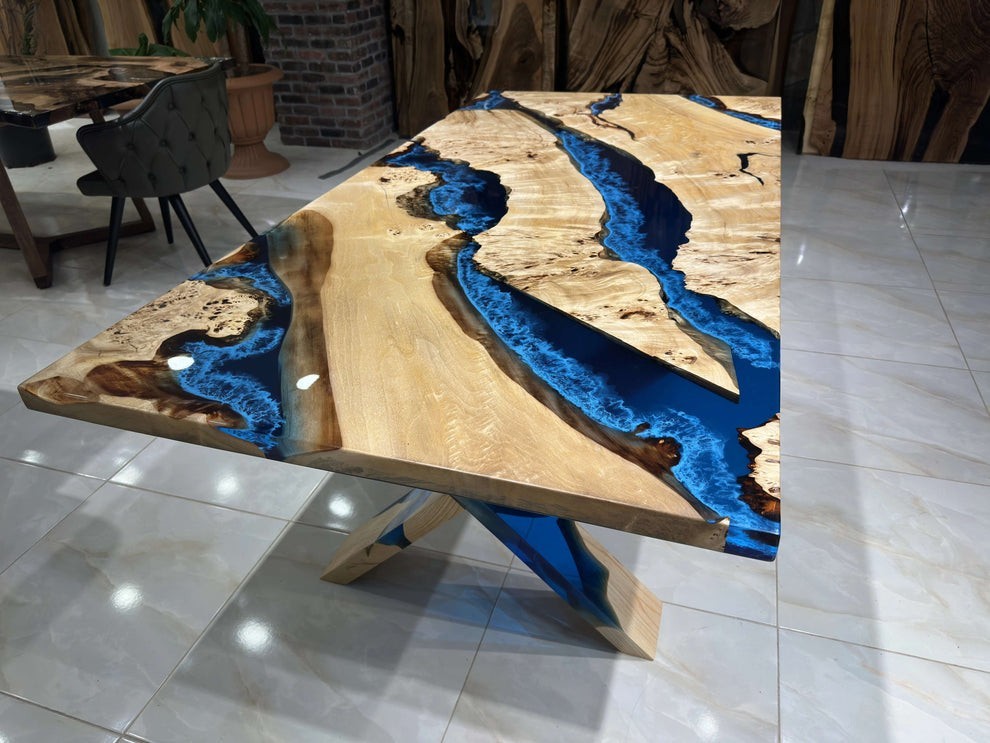 Live Edge Walnut Epoxy River TableTop | Handmade Blue Resin Luxury Furniture top