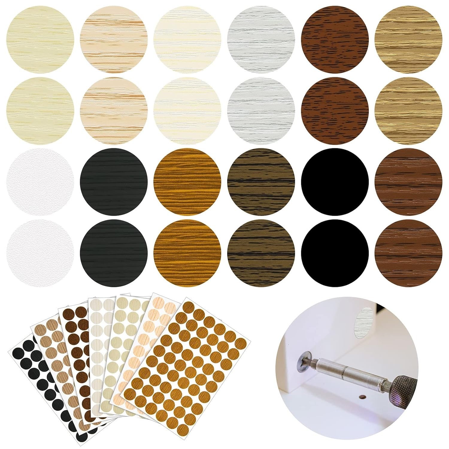 648pcs Wood Grain Screw Hole Cover Stickers PVC Adhesive Caps 12 Colors
