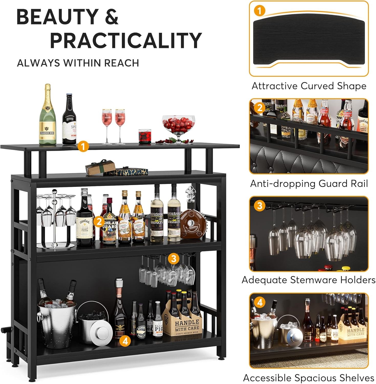 44-Inch Bar Height Table with Storage, Black Home Bar Unit for Liquor, Balcony