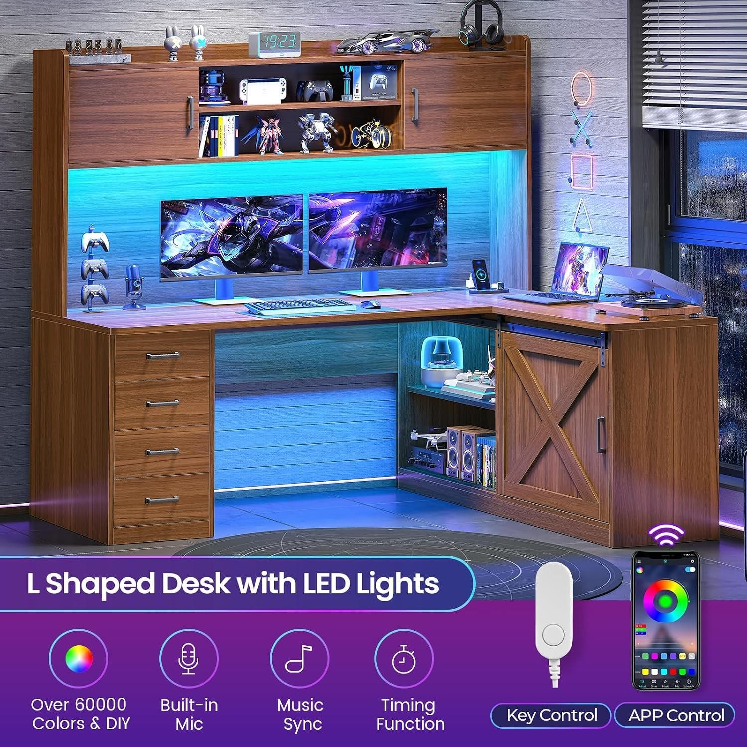 55″ Farmhouse L Shaped Computer Desk with 4 Storage Drawers, Hutch and LED Light